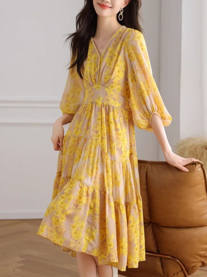 Temperament V-neck Floral Waist Dress - Yellow
