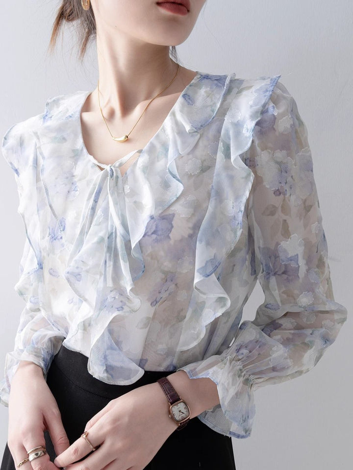 Elegant V-Neck Printed Chiffon Top