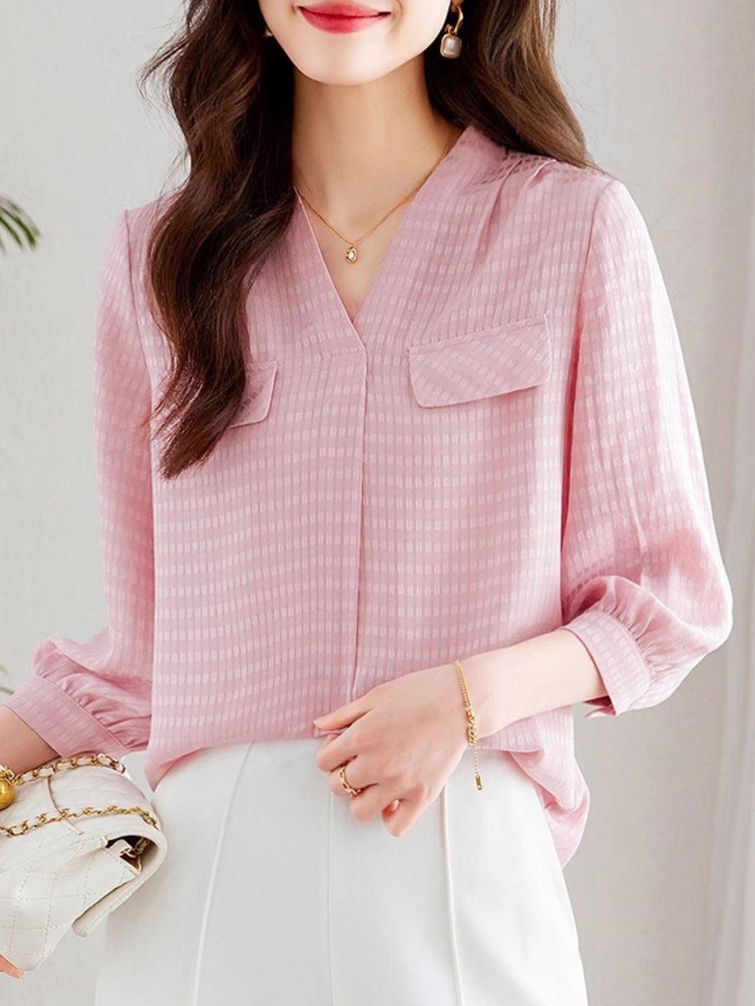 V-neck Chiffon Shirt Pink