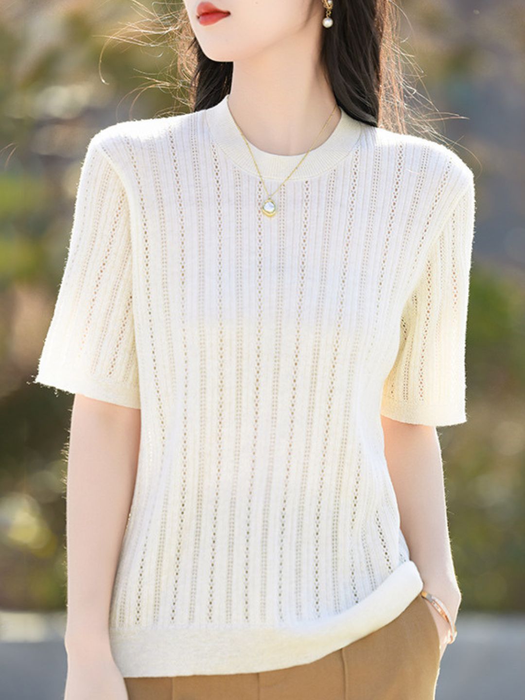 Solid Color Round Neck Thin Knitted Top - Blue