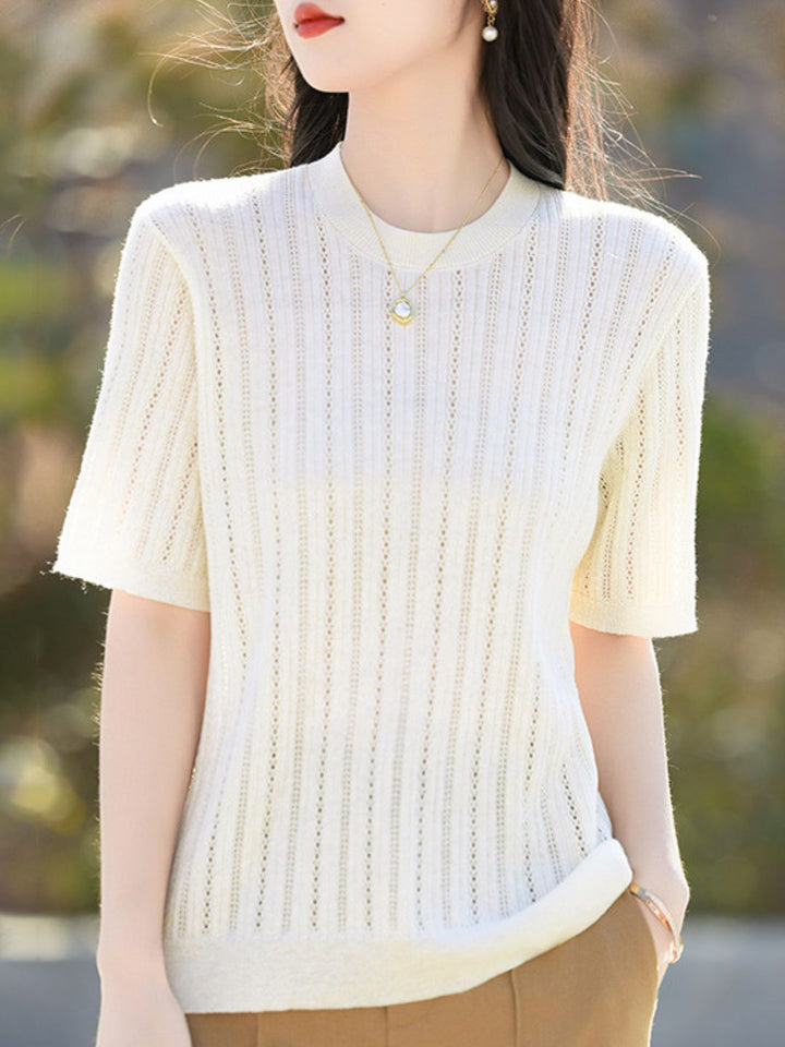 Solid Color Round Neck Thin Knitted Top - Blue