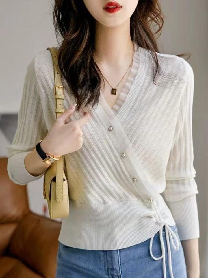 Classic Drawstring Auricular Knitted Top - Blue