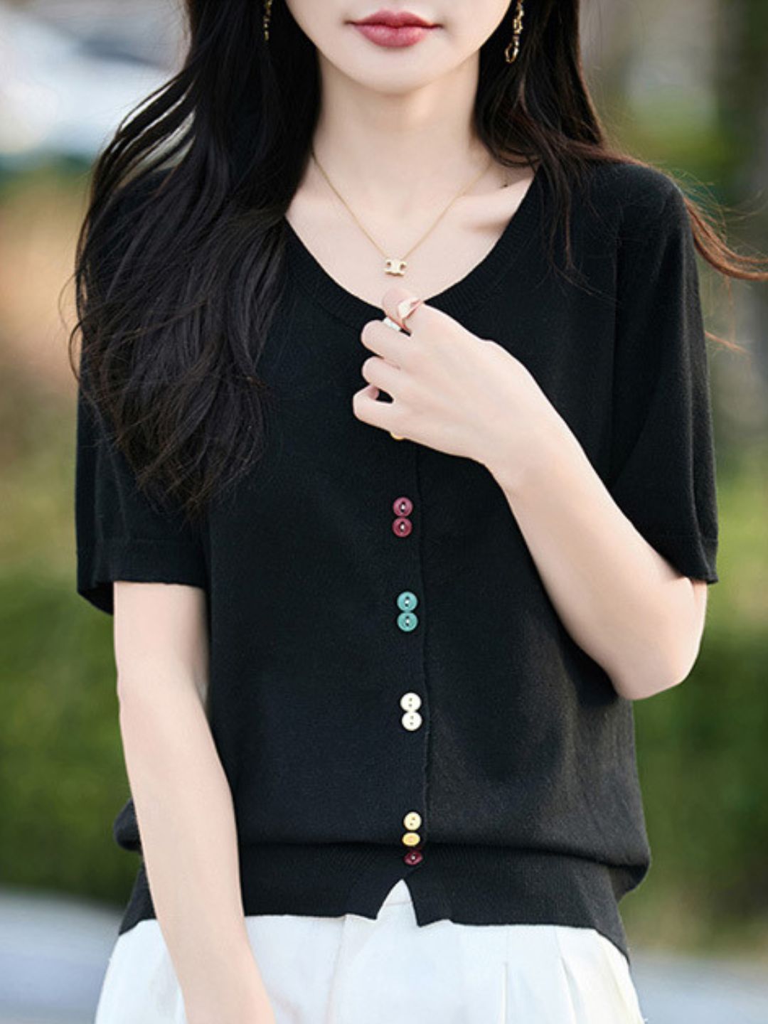 Colorful Button-Down Knitted Short-Sleeved Top