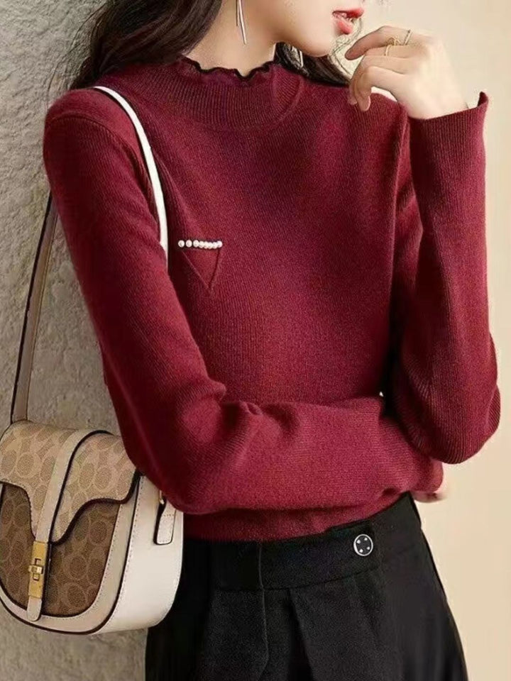 Solid Color Knitted Sweater - Red