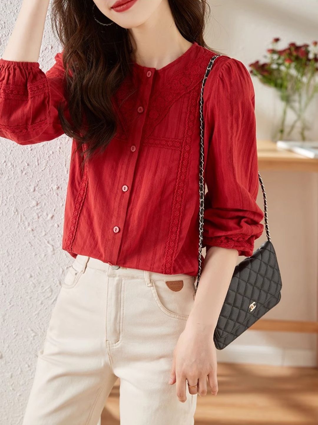Versatile Lace Long Sleeve Shirt - Red