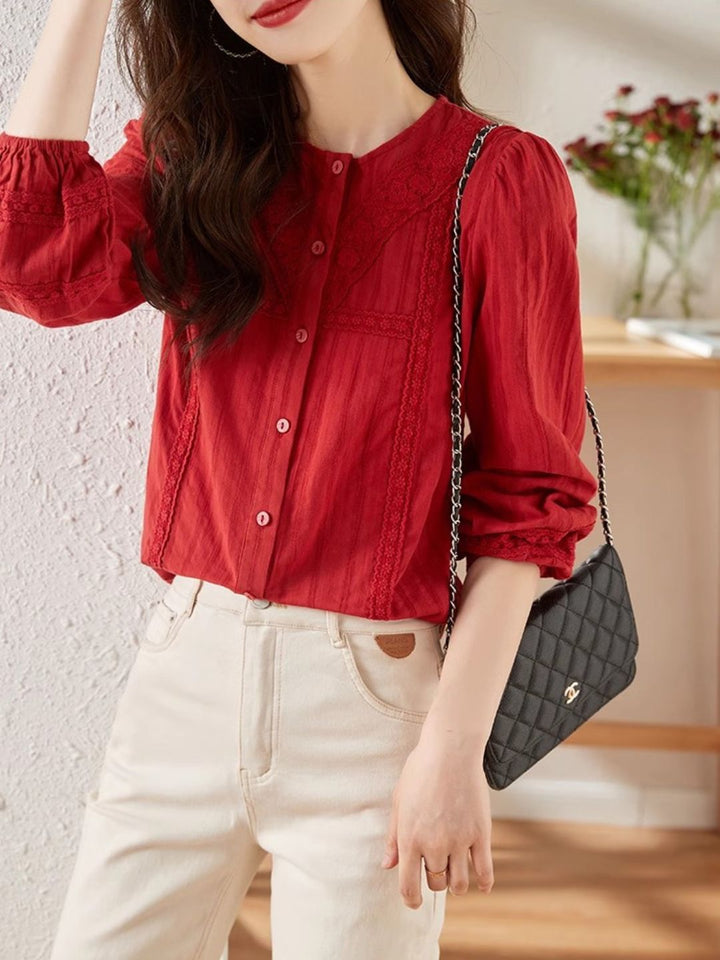 Versatile Lace Long Sleeve Shirt - Red