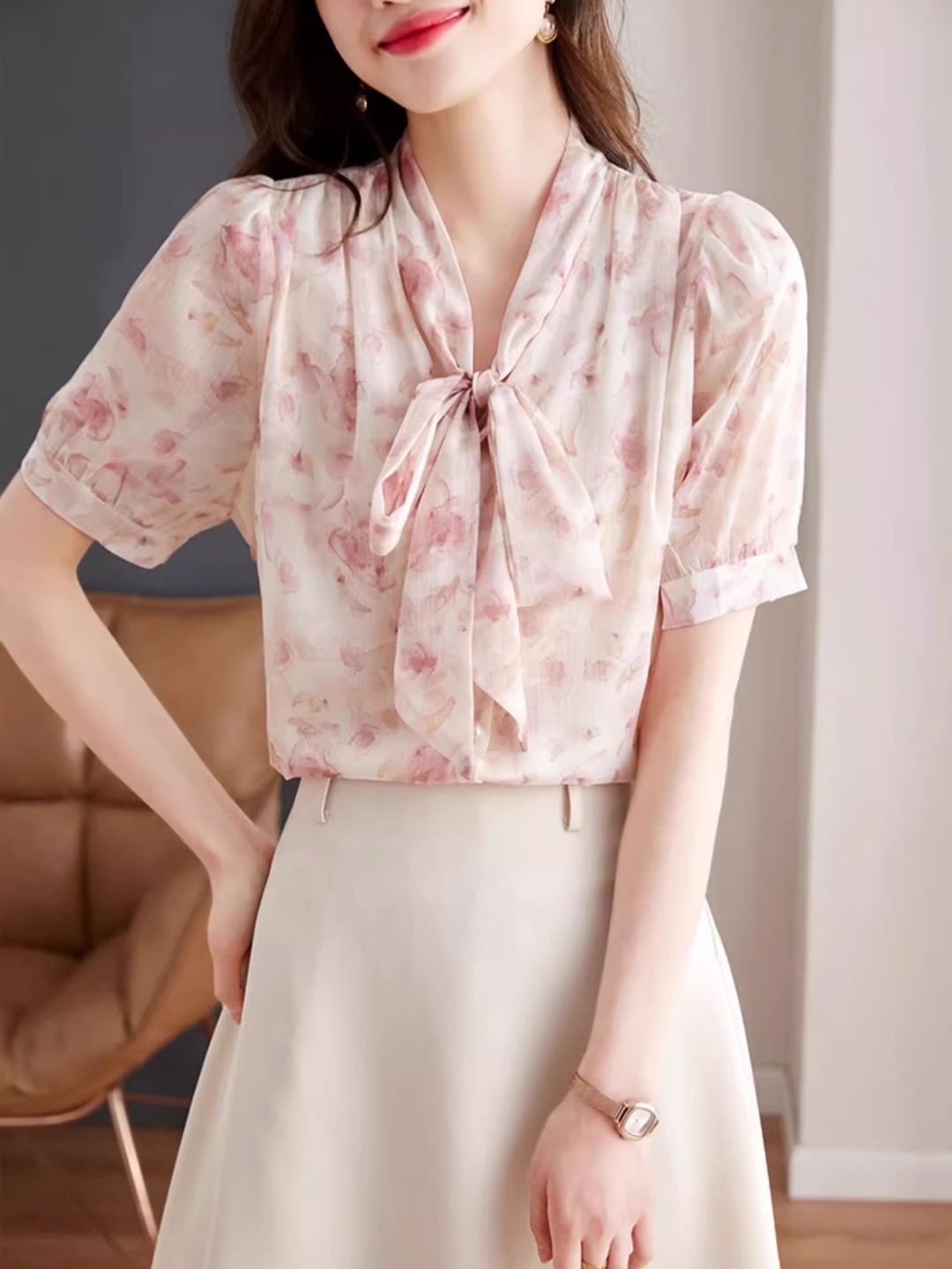 Bow Tie Floral Chiffon Shirt
