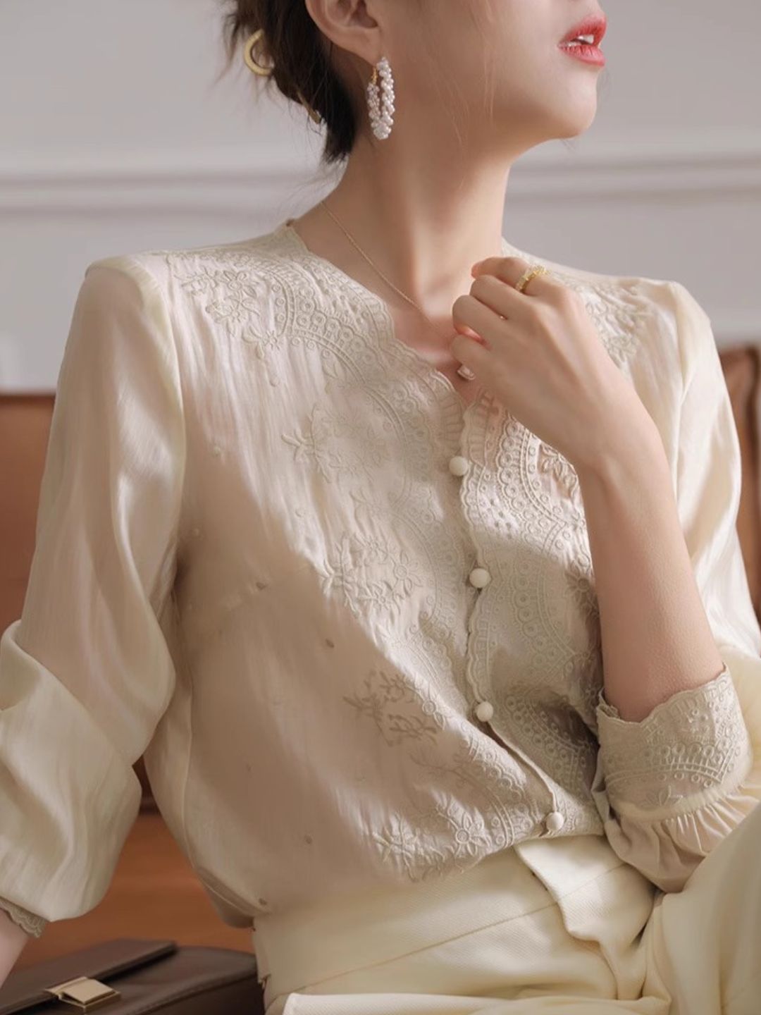 Embroidered lace V-neck Shirt Top