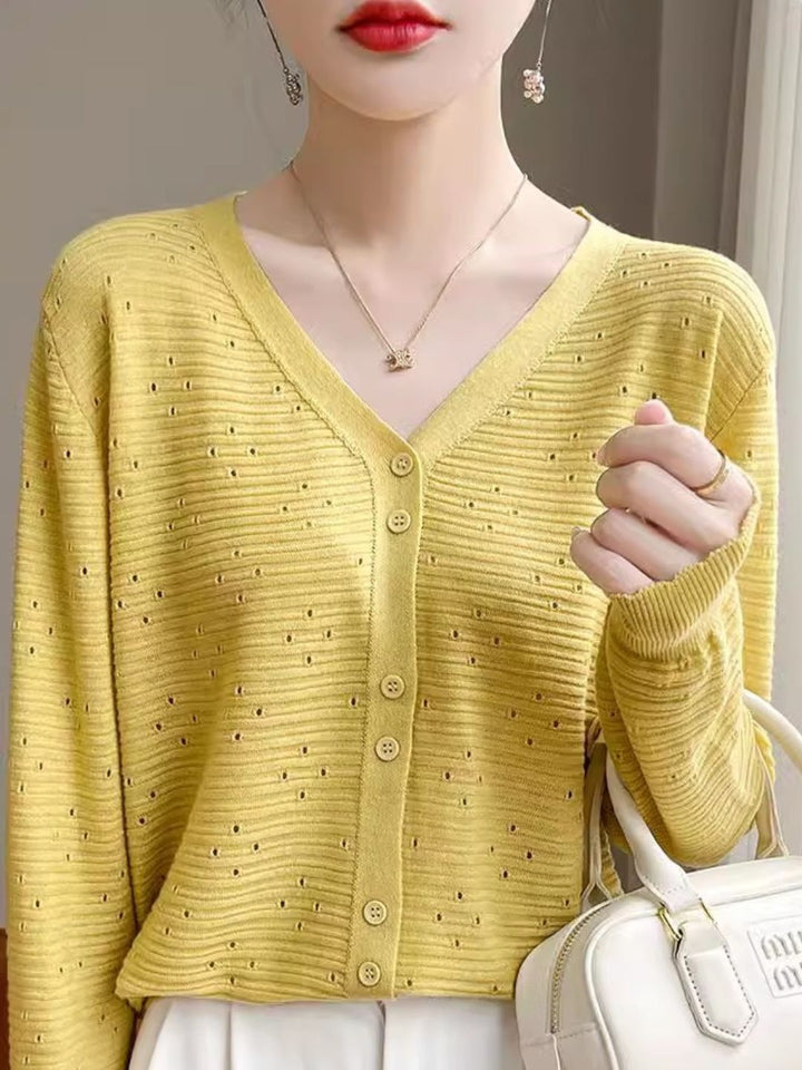 Long Sleeve V-Neck Top Hollow Knit Cardigan