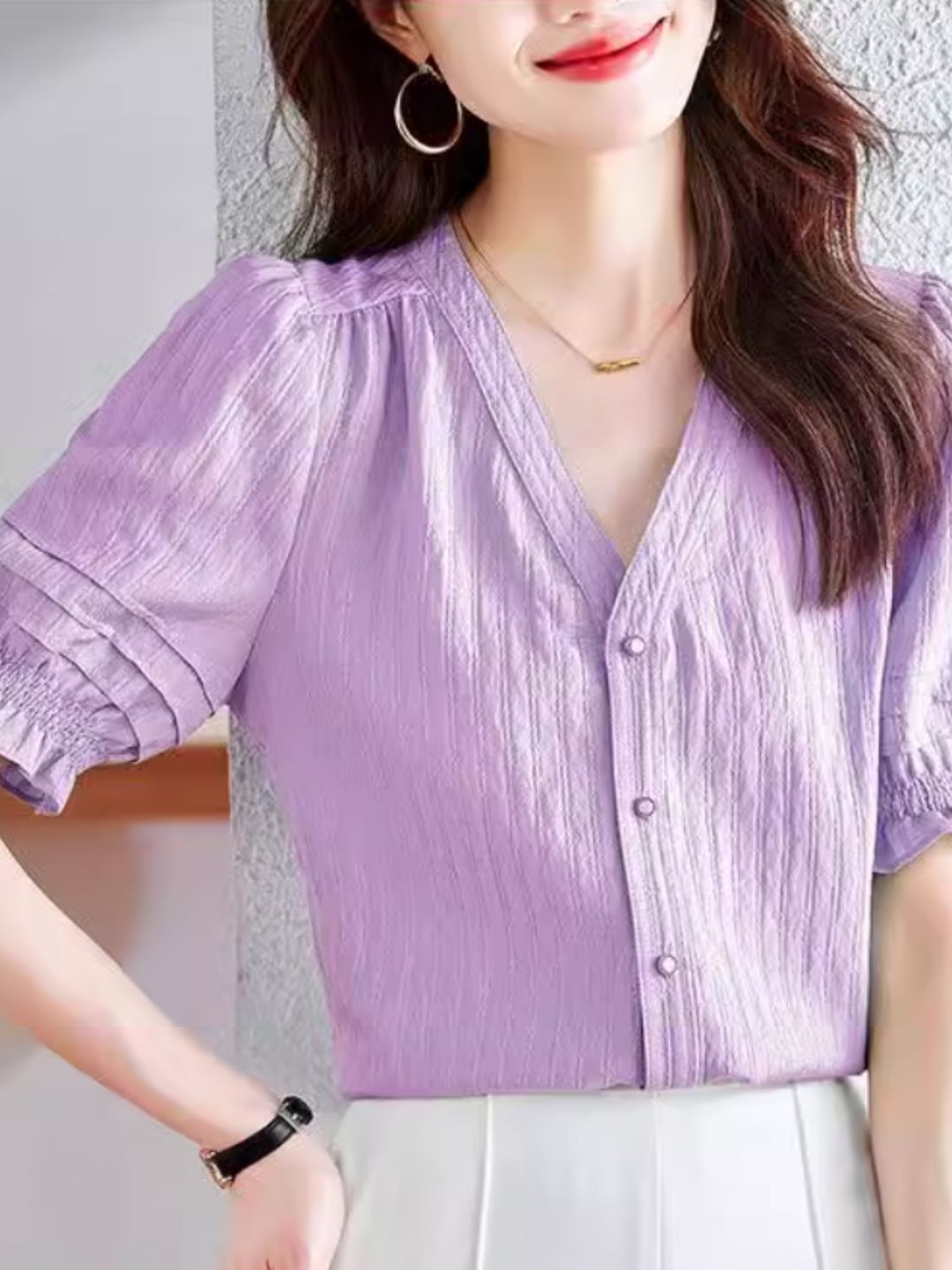 French V-neck Puff Sleeve Shirt - Purple