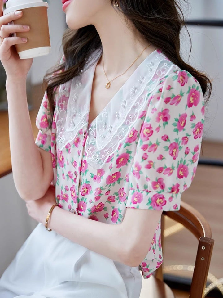 Classic Floral Printed Beaded Chiffon Shirt -Pink