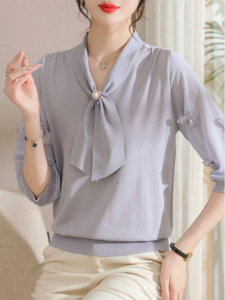 Ribbon Scarf Collar Gauze Sleeve Knitted Top