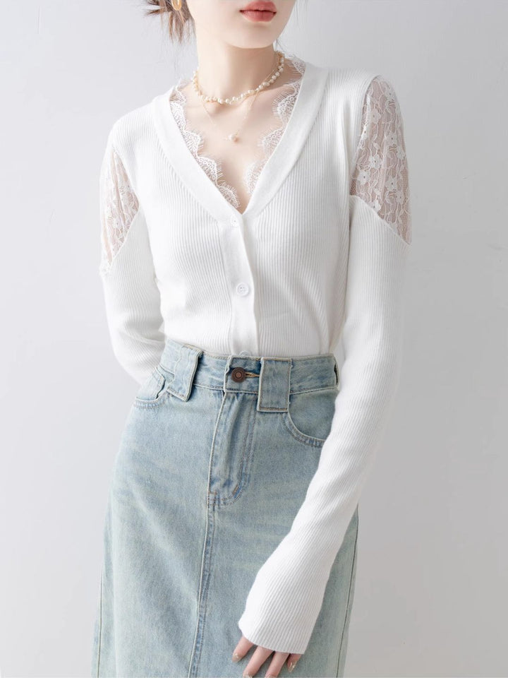 Slim Off-shoulder Lace Knitted Top