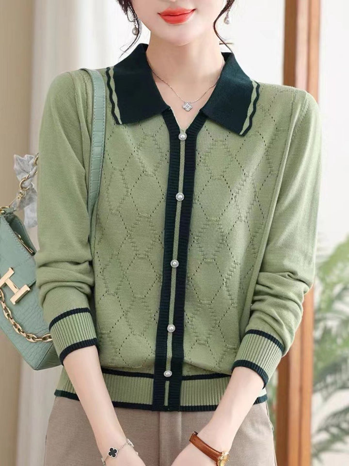 Classic Lapel Knitted Sweater - Green