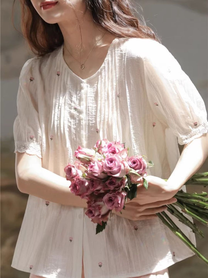 Round Neck Puff Short Sleeve Shirt