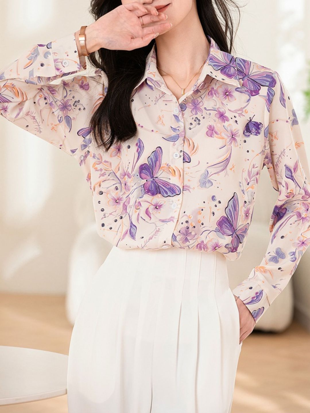 Loose-Fitting Lapel Printed Contrast Shirt