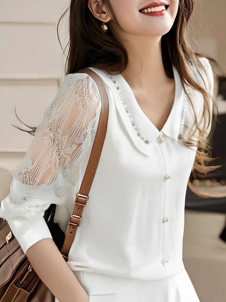 V-Neck Lace Sleeve Knitted Top