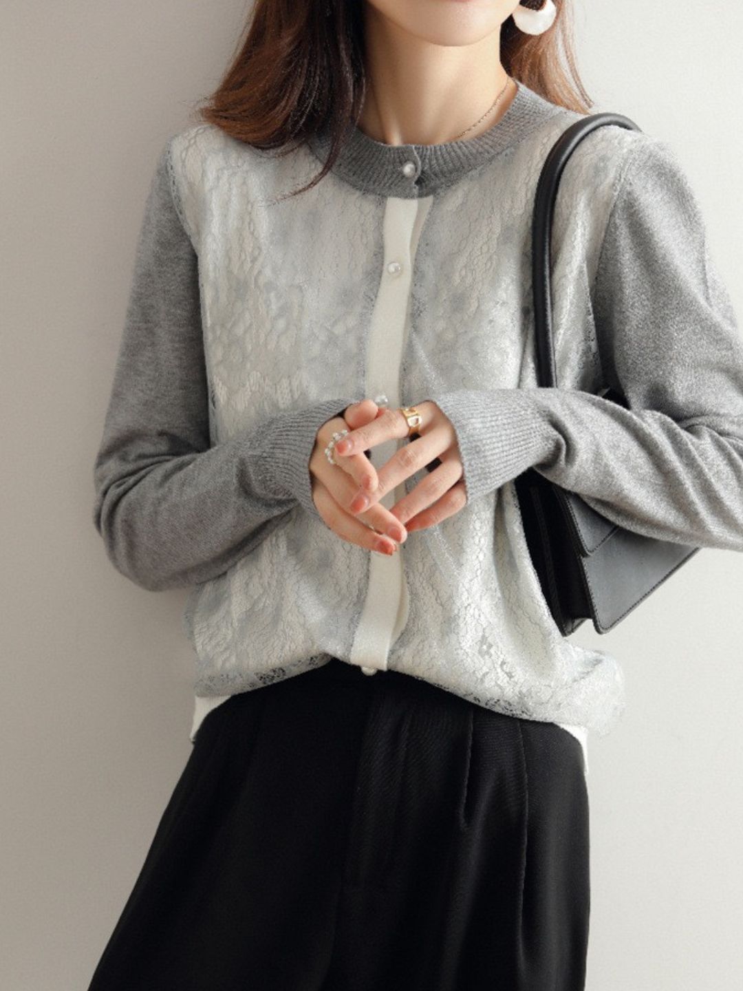 Crew Neck Lace Knit Sweater - Black