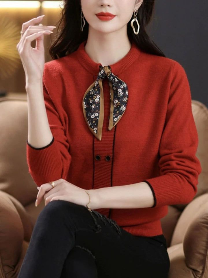 Classic Solid Color Bow Scarf Knitted Sweater