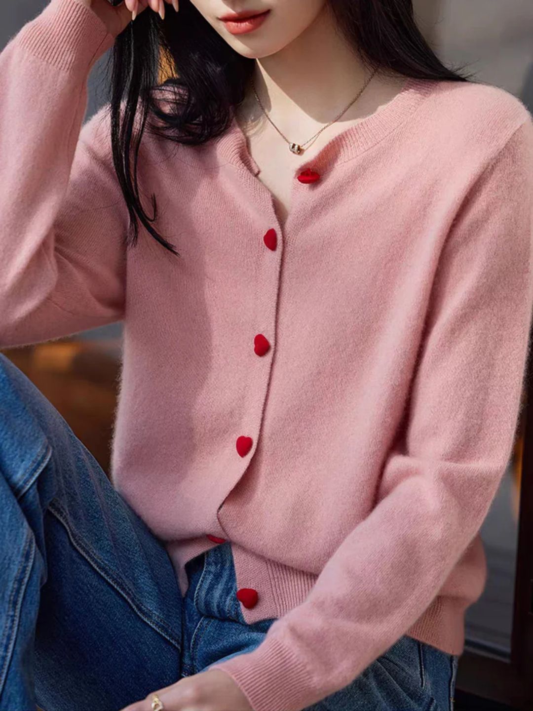 Elegant Crew Neck Heart Button Knitted Cardigan