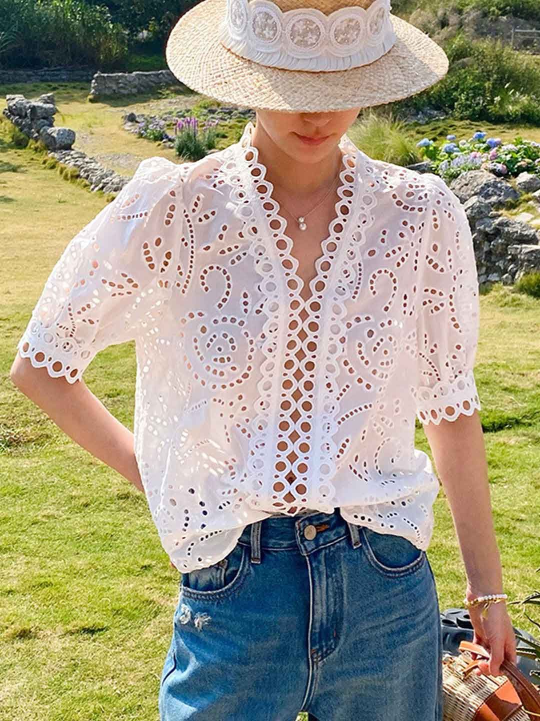 Classic V-neck Embroidered Top