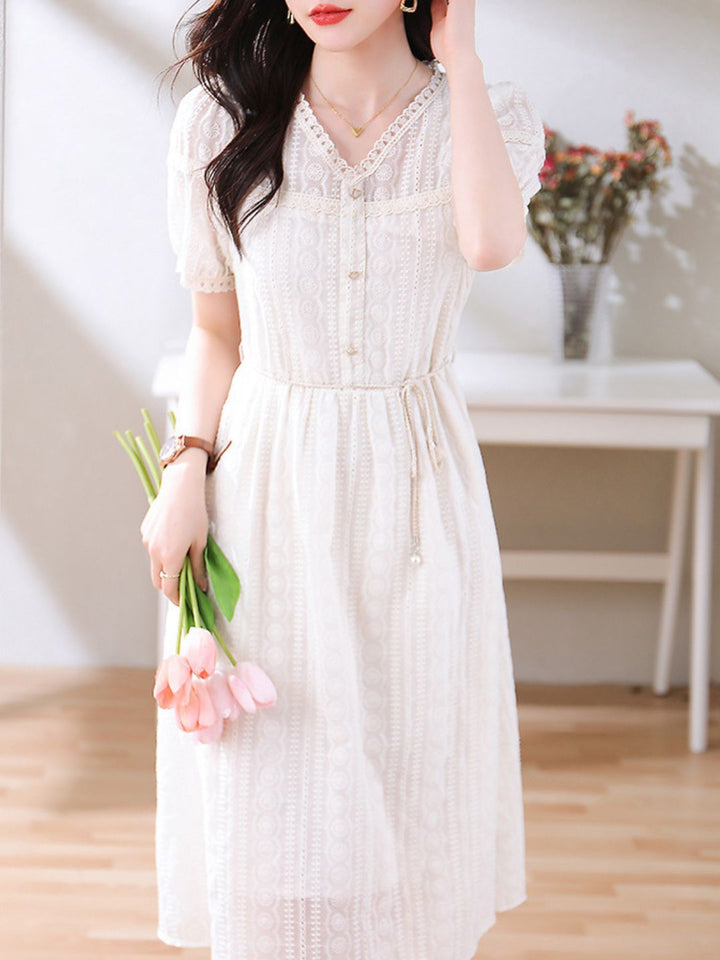 V-Neck Beige Lace Dress