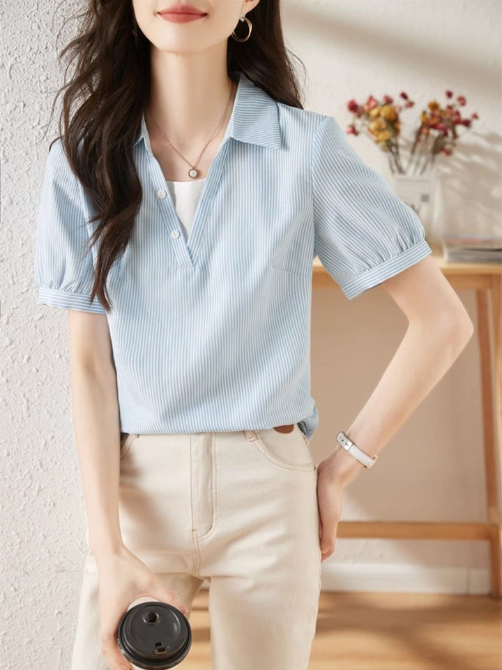 Striped Short-sleeved Lapel Shirt - Green