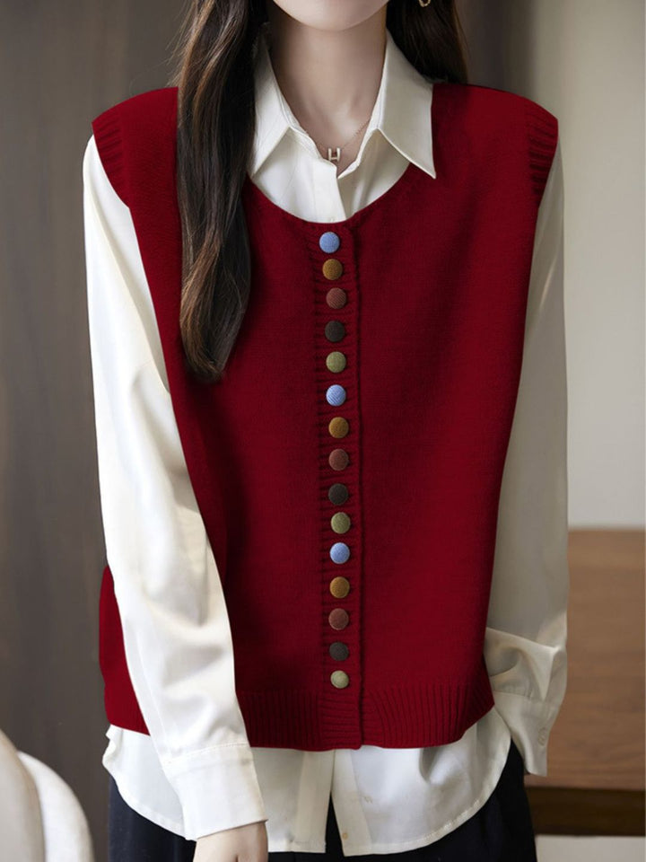 Rainbow Button Knit Vest - Red