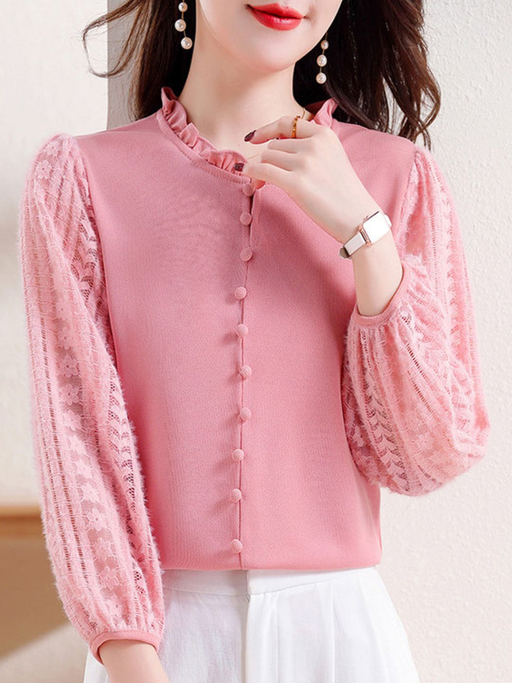 Elegant Lace Lantern Sleeve Top - Pink
