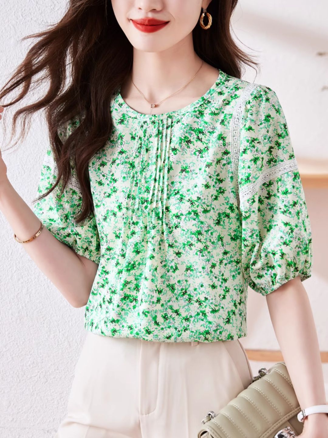 Round Neck Floral Puff Sleeve Chiffon Shirt - Green
