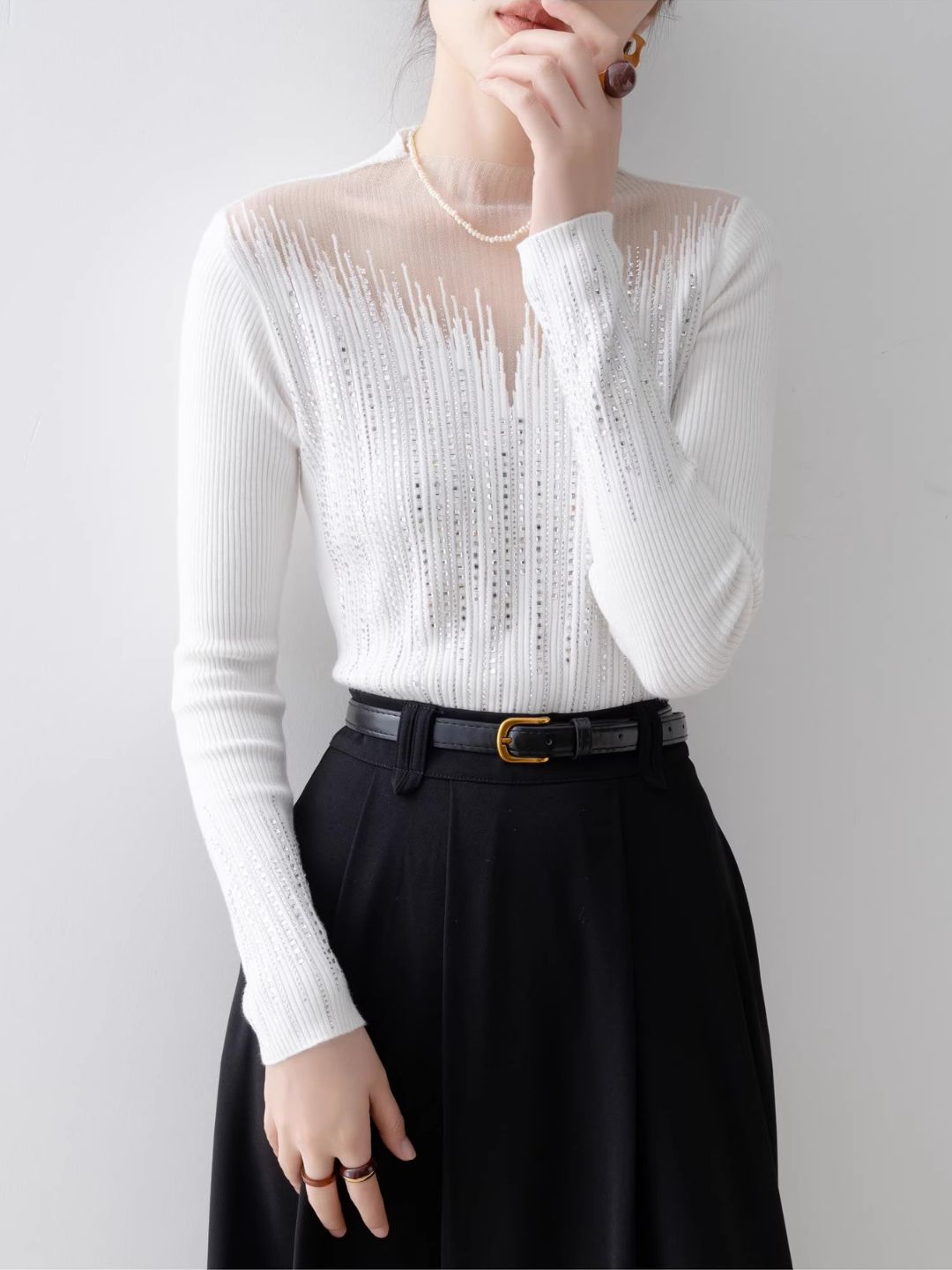 White Half Turtleneck Mesh Top