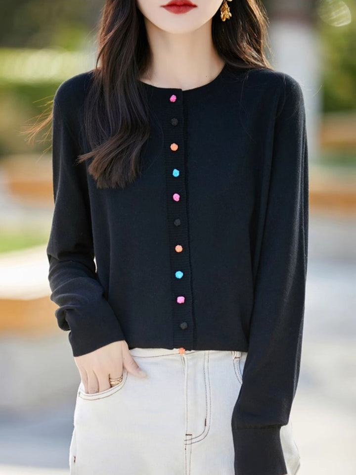 Classic Crew Neck Knit Cardigan -Grey