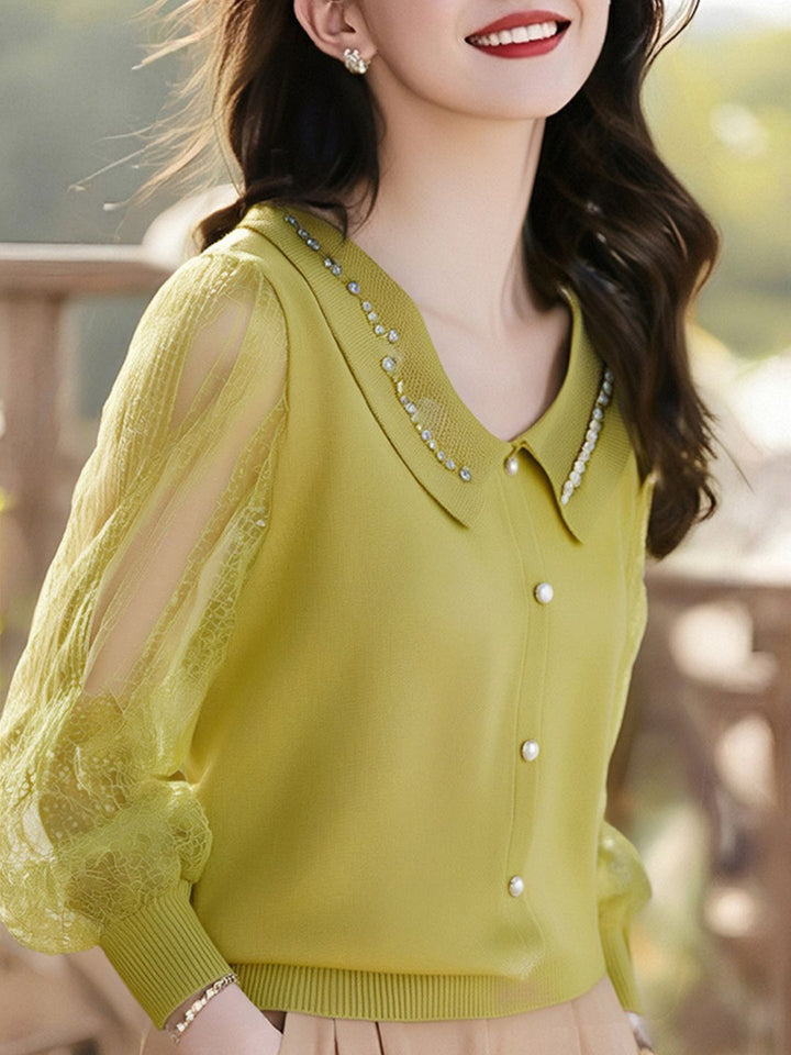 V-Neck Lace Sleeve Knitted Top