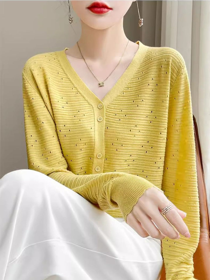 Long Sleeve V-Neck Top Hollow Knit Cardigan