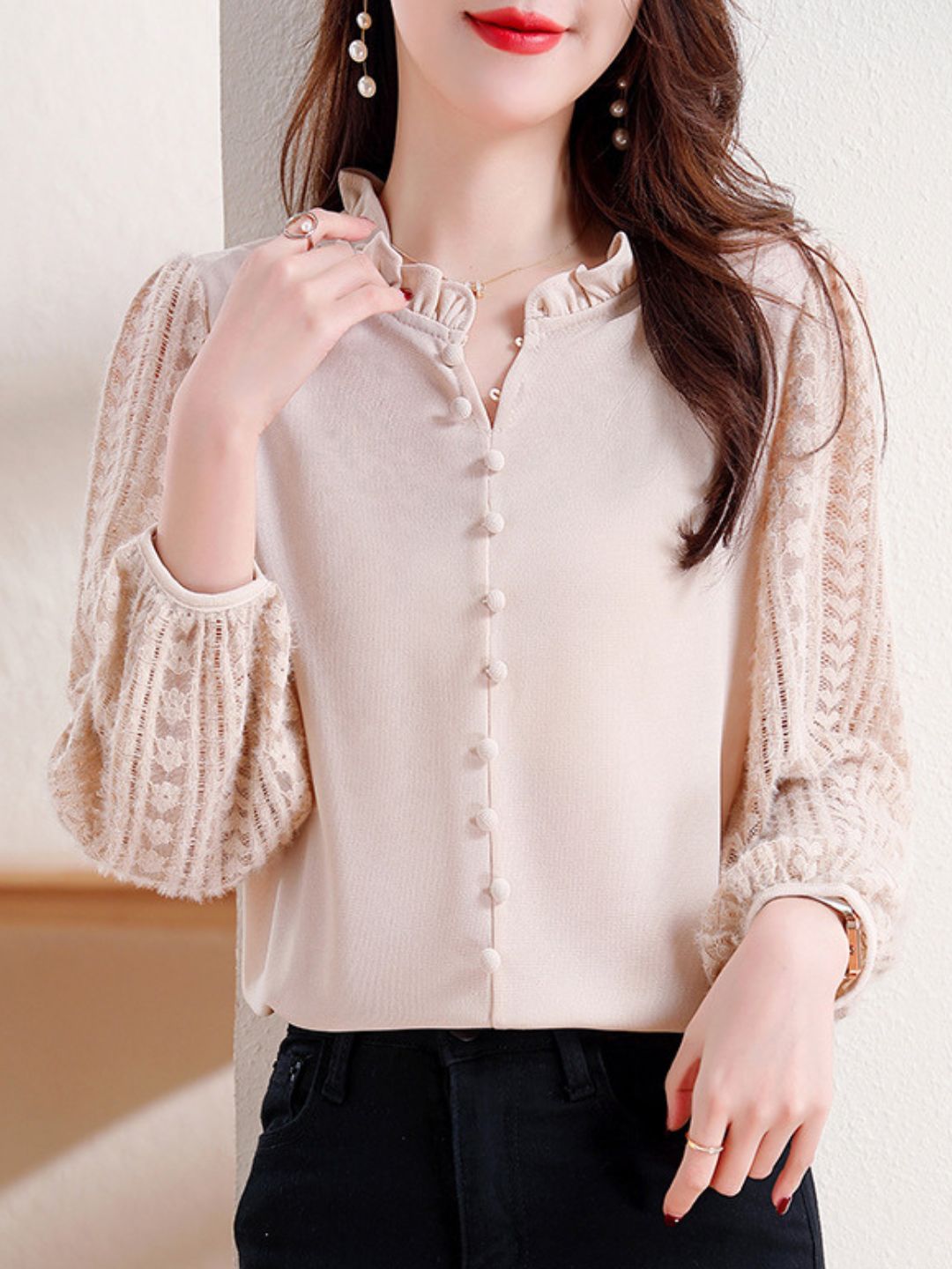 Elegant Lace Lantern Sleeve Top - Pink