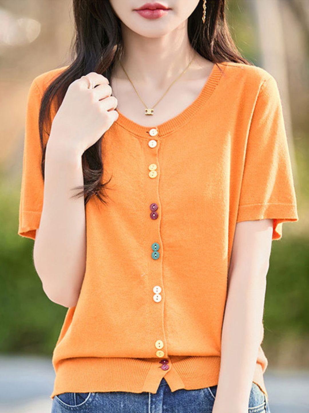 Colorful Button-Down Knitted Short-Sleeved Top