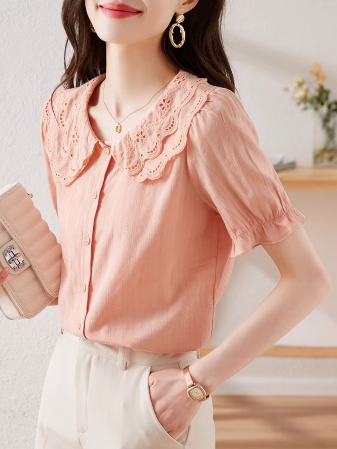 French Lace Double Collar Puff Sleeve Shirt