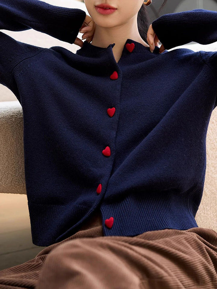 Elegant Crew Neck Heart Button Knitted Cardigan