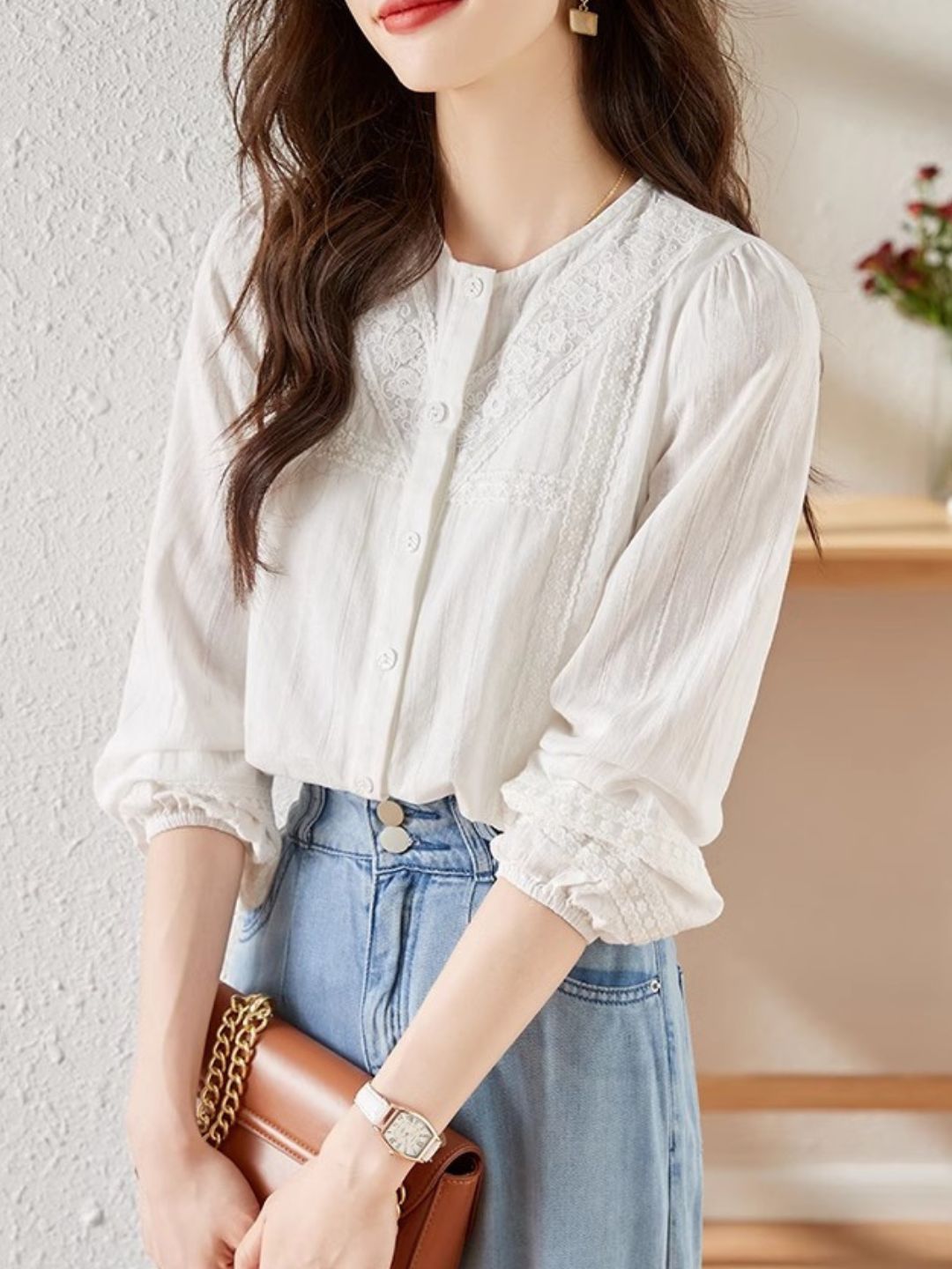 Versatile Lace Long Sleeve Shirt - Red