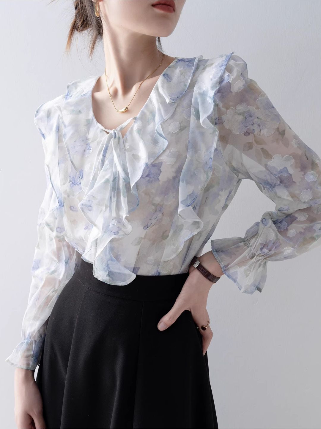 Elegant V-Neck Printed Chiffon Top