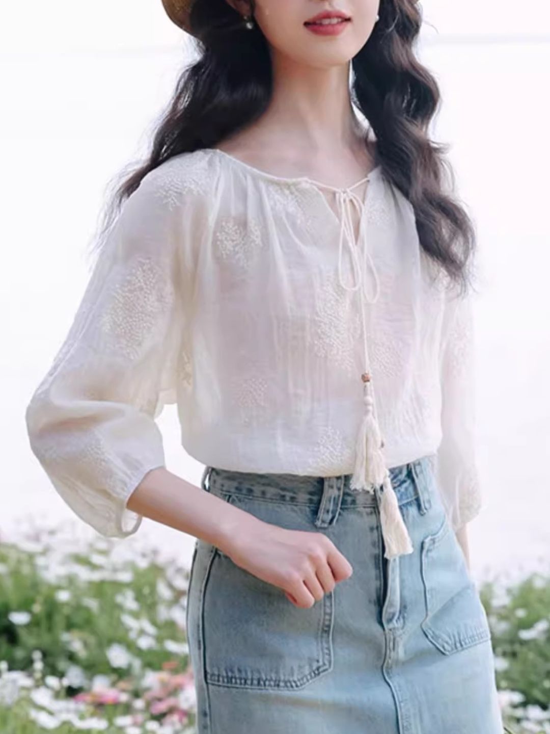 Embroidered Tassel Tie Top