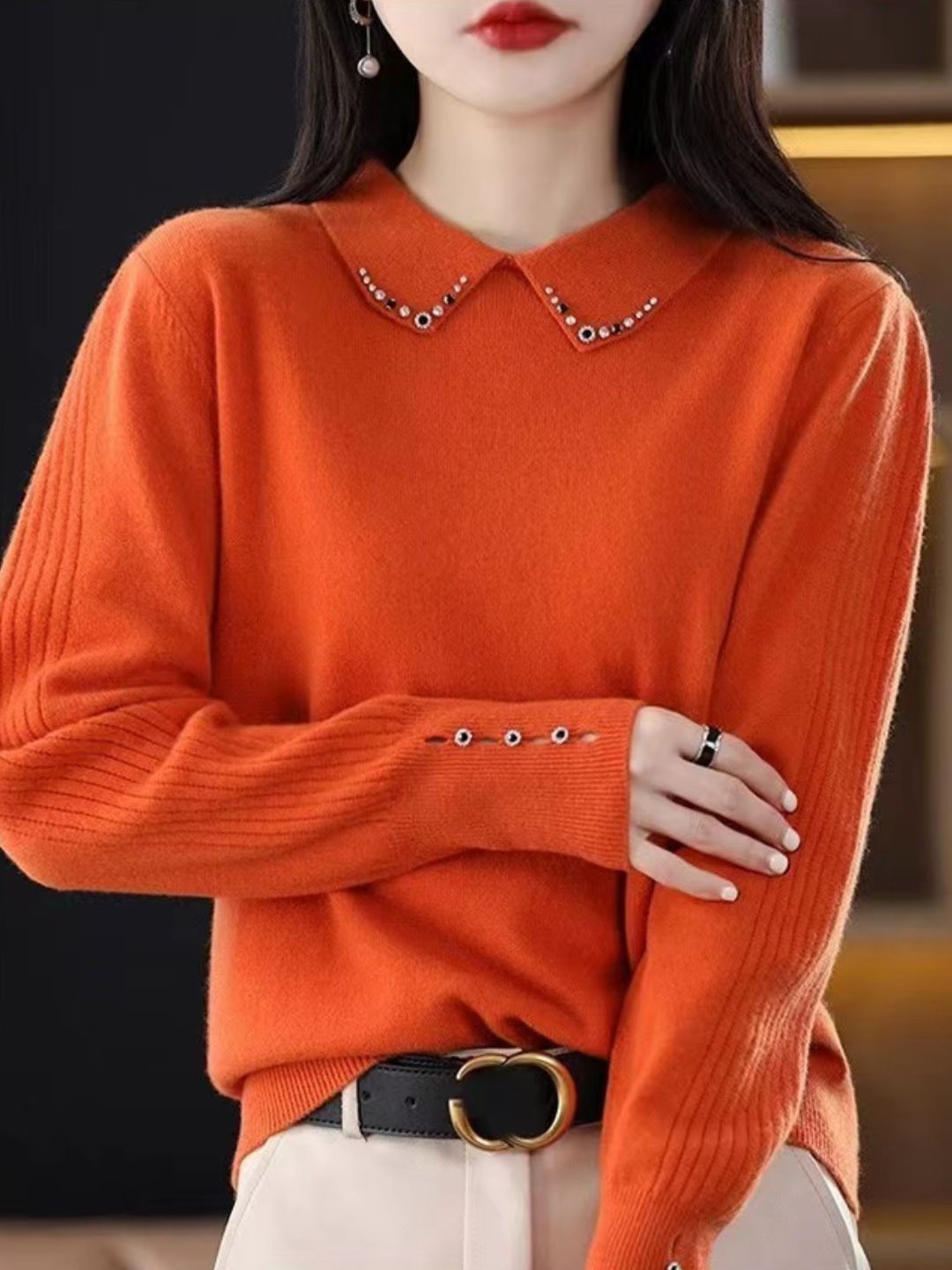 Lapel Beaded Button Sweater