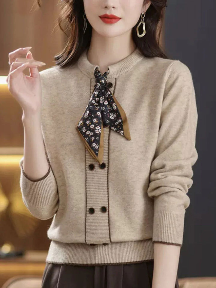 Classic Solid Color Bow Scarf Knitted Sweater