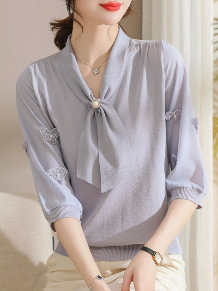 Ribbon Scarf Collar Gauze Sleeve Knitted Top