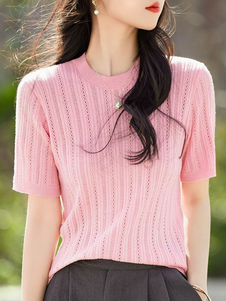 Solid Color Round Neck Thin Knitted Top - Blue