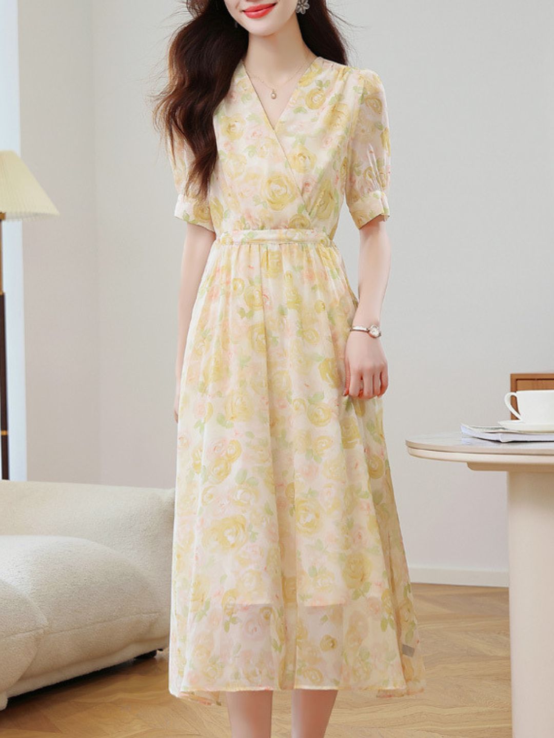 Elegant V-Neck Floral Dress