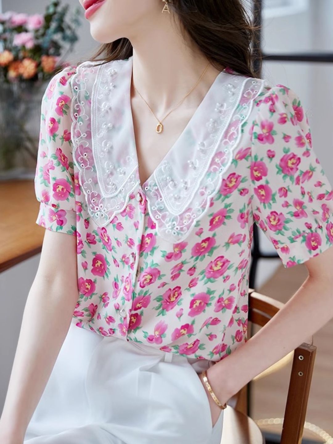 Classic Floral Printed Beaded Chiffon Shirt -Pink