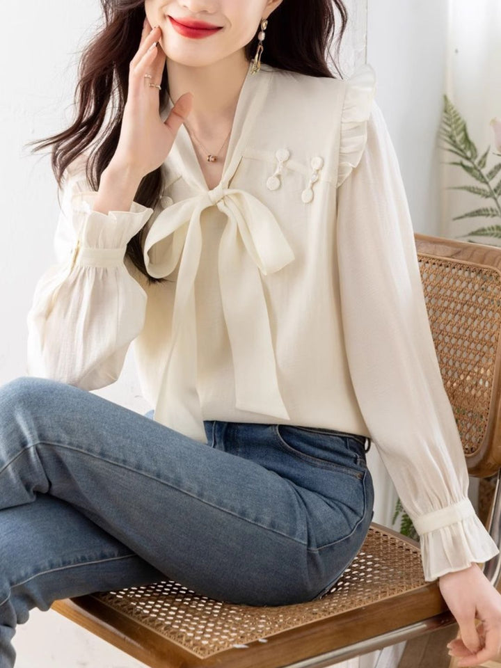 Chic Bow Chiffon Shirt - Green
