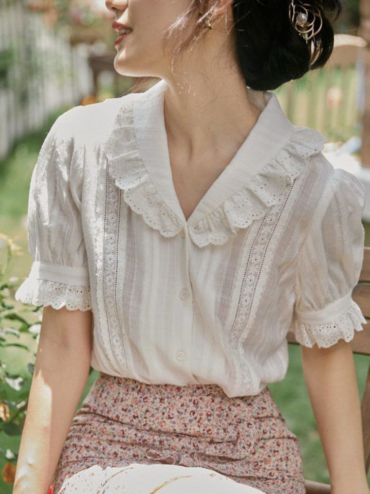 Lace Lapel Short Sleeve Shirt
