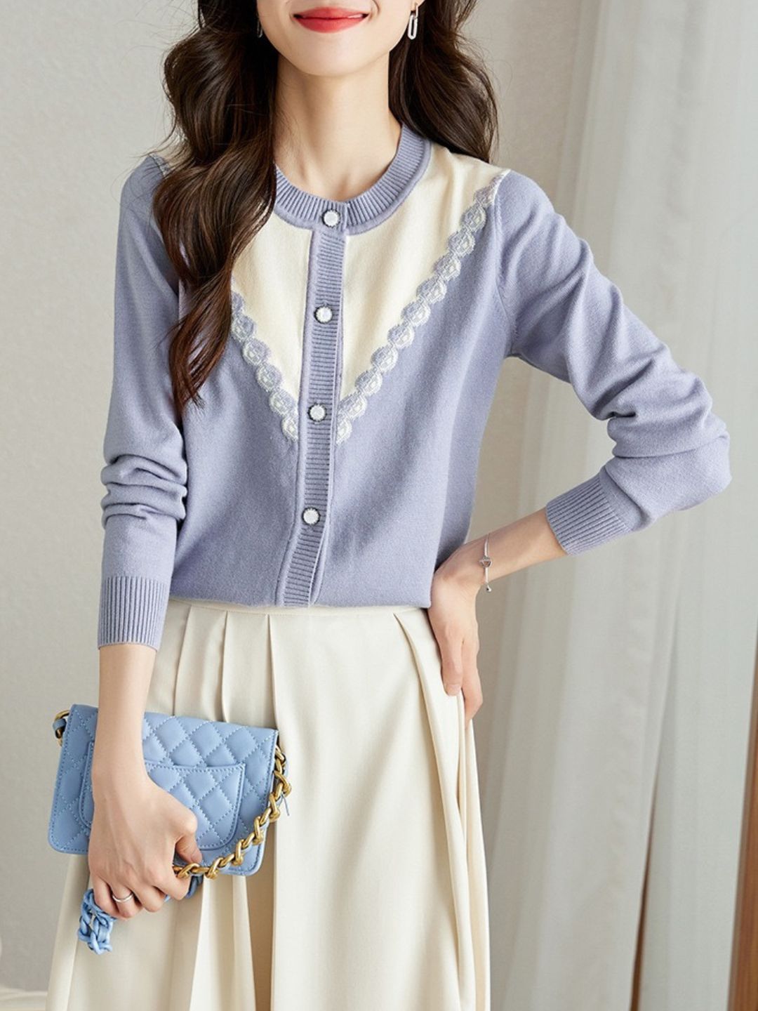 Contrast Color Cardigan - Blue